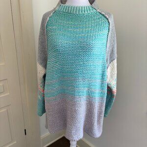 Multi Pastel Knit Sweater w/Gray Woven Fleece Yoke, Mock Neck, XS, Free People